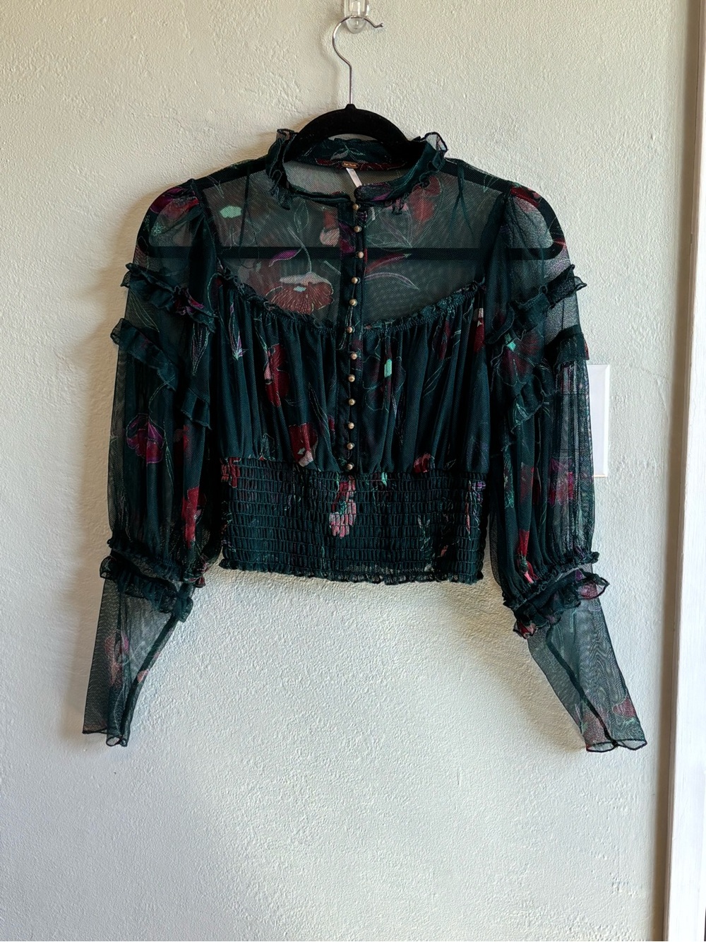 Free People Dark Green Sheer Floral Ruffle Button Blouse S